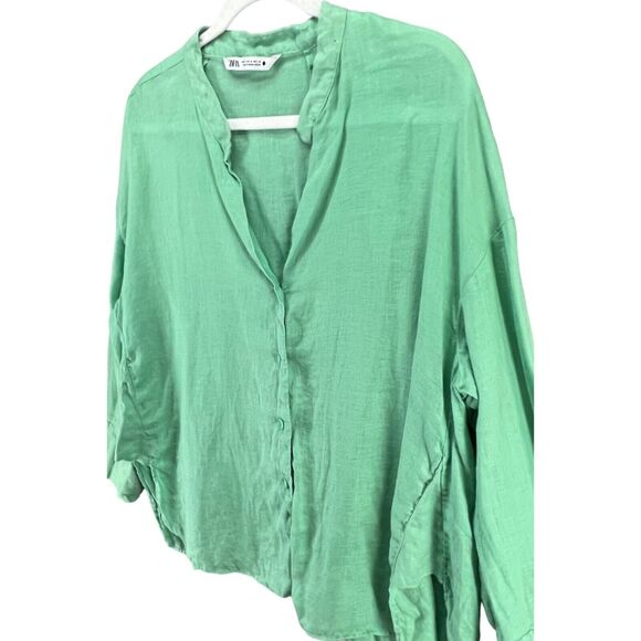 Zara Linen Shirt Women M Mint Green Asymmetric Relaxed Blouse Beach Resort Top - Picture 4 of 11